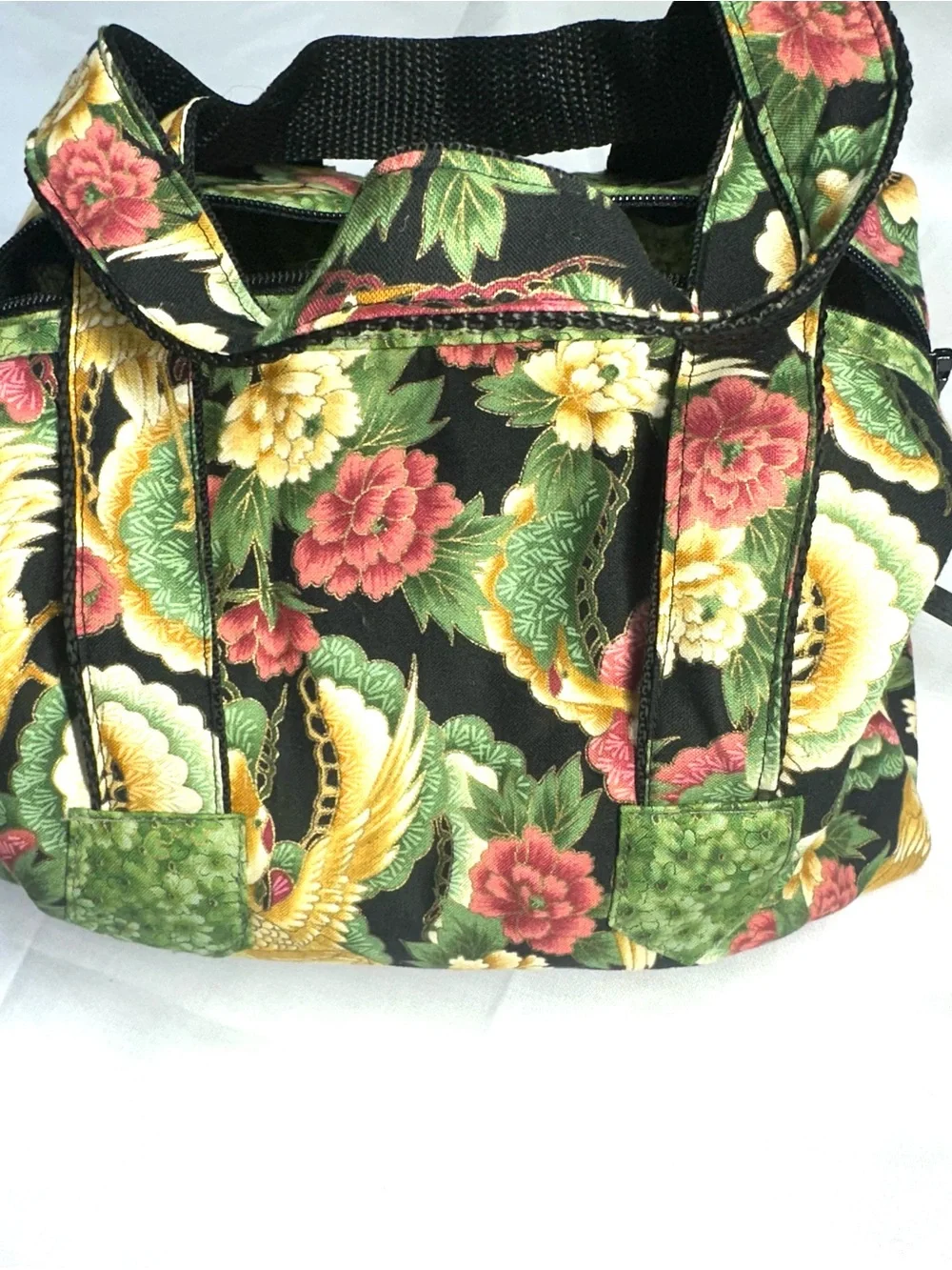 Artisan Quilted Fabric Tote Bag Golden Crane Phoenix Peony Floral